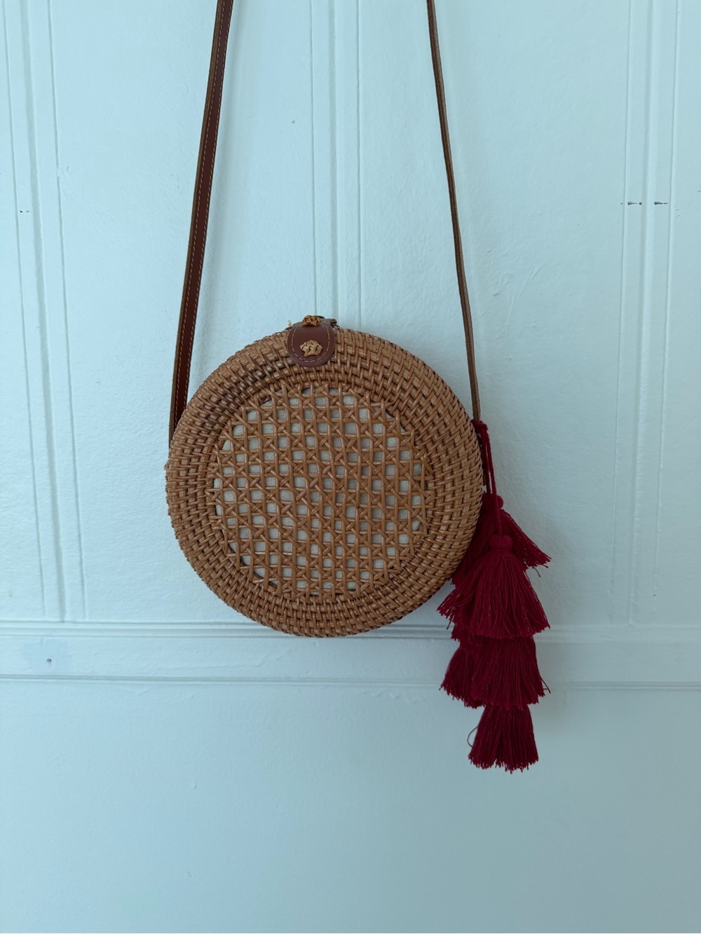 Woven Round Crossbody Bag with Red Tassel